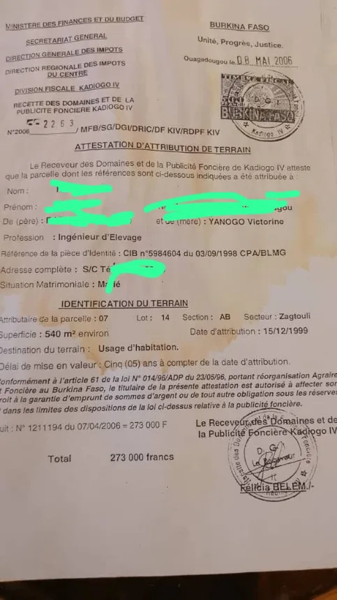 PARCELLE À VENDRE À ZAGTOULI – OUAGADOUGOU