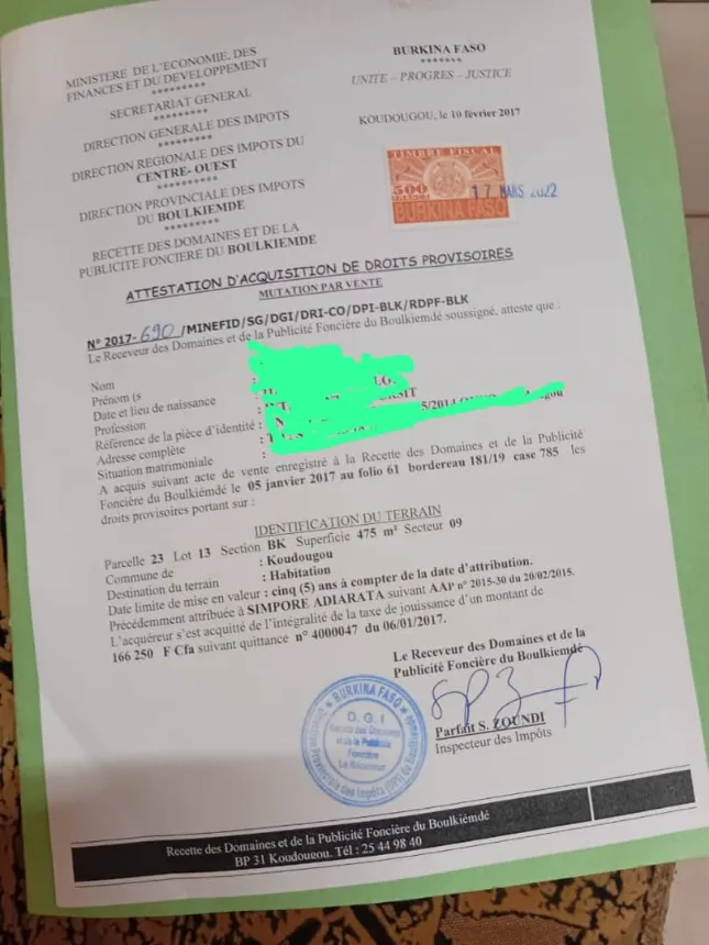Une parcelle de 475 m2 en vente à Koudougou